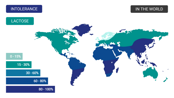 Lactose intolerance as a percentage in the world